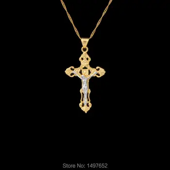 Колие с отложено във формата на кръст на Исус за жени и мъже/златен цвят, модни бижута във формата на разпятие INRI с веригата 45 см. 60 см