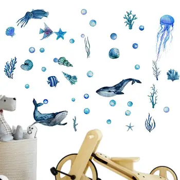 Стикери за стена под формата на океански риби, светещи стикери под вода, водоустойчив луминесцентна стикер на тема океана, светещ риба, костенурки, медуза